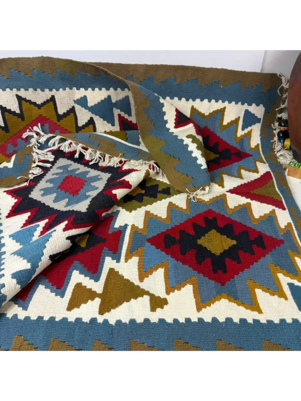 Hard Woven Kilim Area Rug Carpet Tribal Geometric Colorful Green Blue Red